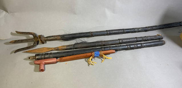 Tribal Items Lot - Trident, Pipes, Spear.: Tribal Items Lot - Trident, Pipes, Spear. In-house shipping is available. Pickup is Monday, December 18th from 12pm to 6pm and Tuesday, December 19th from 11am to 3pm in Carroll, Ohio 43112 or we will