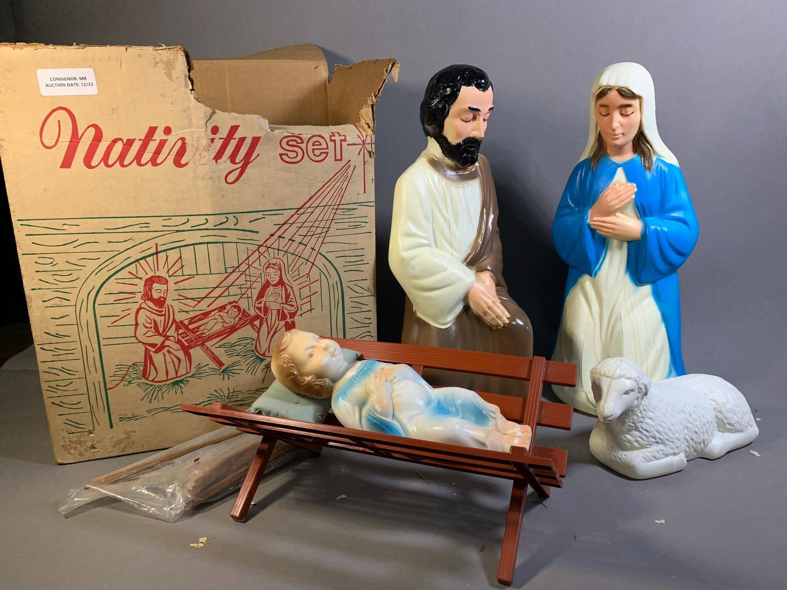 Empire Blow Form Manger Scene - Blow Form Joseph, Mary, Baby Jesus.: Empire Blow Form Manger Scene - Blow Form Joseph, Mary, Baby Jesus. Blow Form Mary Has Plastic Damage on Bottom of Dress in Front. In-house shipping is available. Pickup is Monday, December 18th from