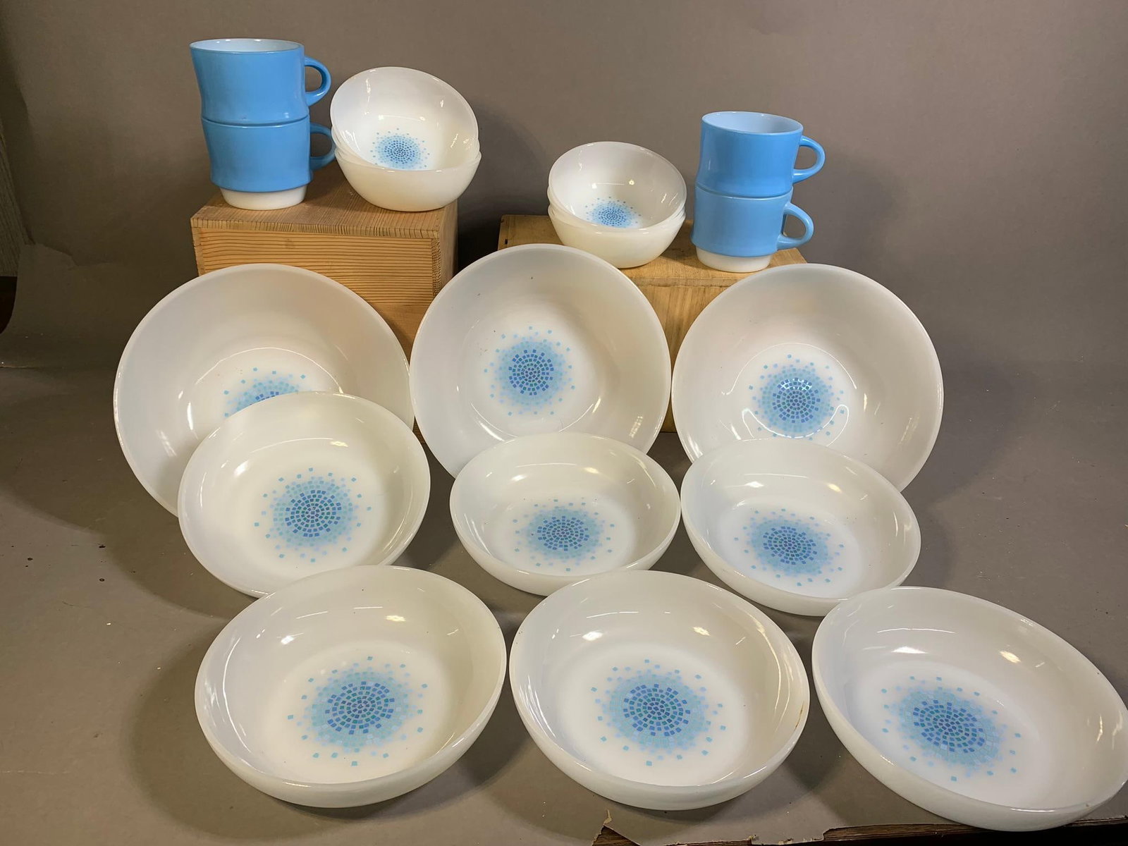 Fire King Glassware - Blue Mosaic.: Fire King Glassware - Blue Mosaic. In-house shipping is available. Pickup is Monday, December 18th from 12pm to 6pm and Tuesday, December 19th from 11am to 3pm in Carroll, Ohio 43112 or we will provid