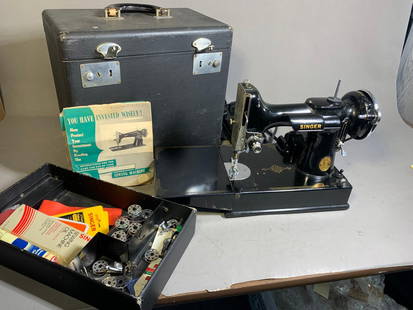 Vintage Singer Featherweight Sewing Machine with Case and Accessories.: Vintage Singer Featherweight Sewing Machine with Case and Accessories. Powered On. In-house shipping is available. Pickup is Monday, December 18th from 12pm to 6pm and Tuesday, December 19th from 11am