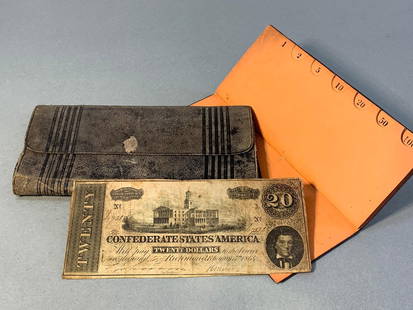 Early Wallet with Confederate Currency.: Early Wallet with Confederate Currency. In-house shipping is available. Pickup is Monday, December 18th from 12pm to 6pm and Tuesday, December 19th from 11am to 3pm in Carroll, Ohio 43112 or we will p