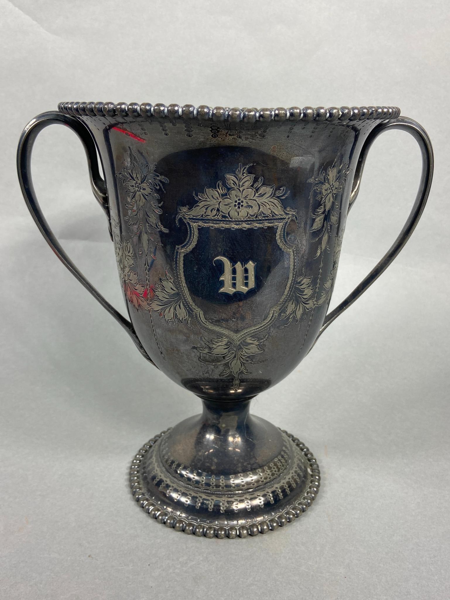 Antique Trophy Cup: 11" H x 10.5" W. In-house shipping is available. Pickup is Monday, January 15th from 12pm to 6:30pm in Carroll, Ohio 43112 or we will provide in-house shipping for this item. Once packed up we will se