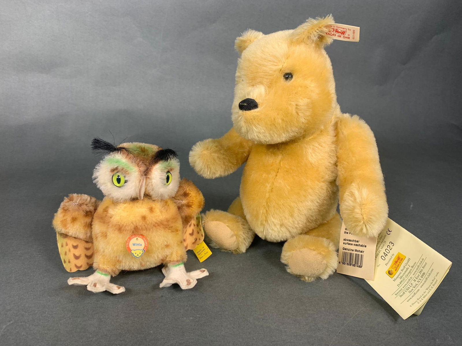 Vintage Steiff Wittie the Owl & Steiff Winnie the Pooh Teddy Bear: Vintage Steiff Wittie the Owl & Steiff Winnie the Pooh Teddy Bear. To see up to 100 photos of this lot, please find this sale on LiveAuctioneers. In-house shipping is available. Pickup is Friday, Apri