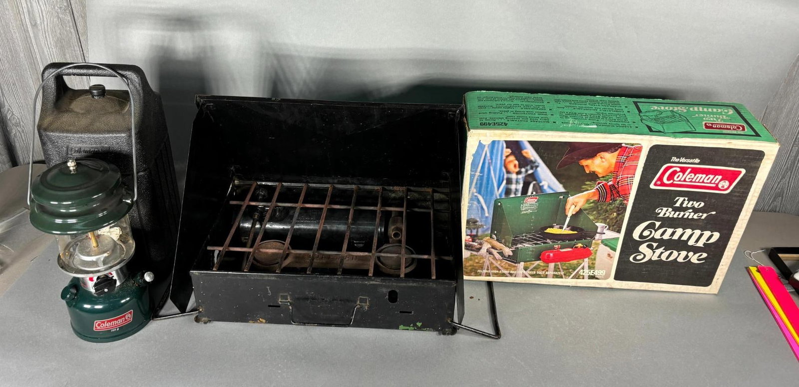 Lot of Vintage Camping Supplies including Coleman Camp Stove and Lantern, and More: Lot of Vintage Camping Supplies including Coleman Camp Stove and Lantern, and More. To see up to 100 photos of this lot, please find this sale on LiveAuctioneers. In-house shipping is available. Picku