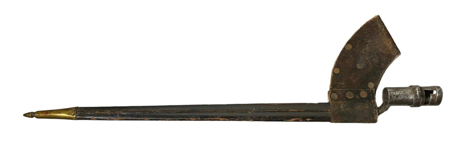 CIVIL WAR .58 CAL BAYONET WITH SCABBARD & FROG: Civil War .58 caliber Springfield socket triangular bayonet with leather scabbard and buff leather frog. The bayonet has a mottled grey finish, is stamped U.S. and measures 20.75". The lock ring works