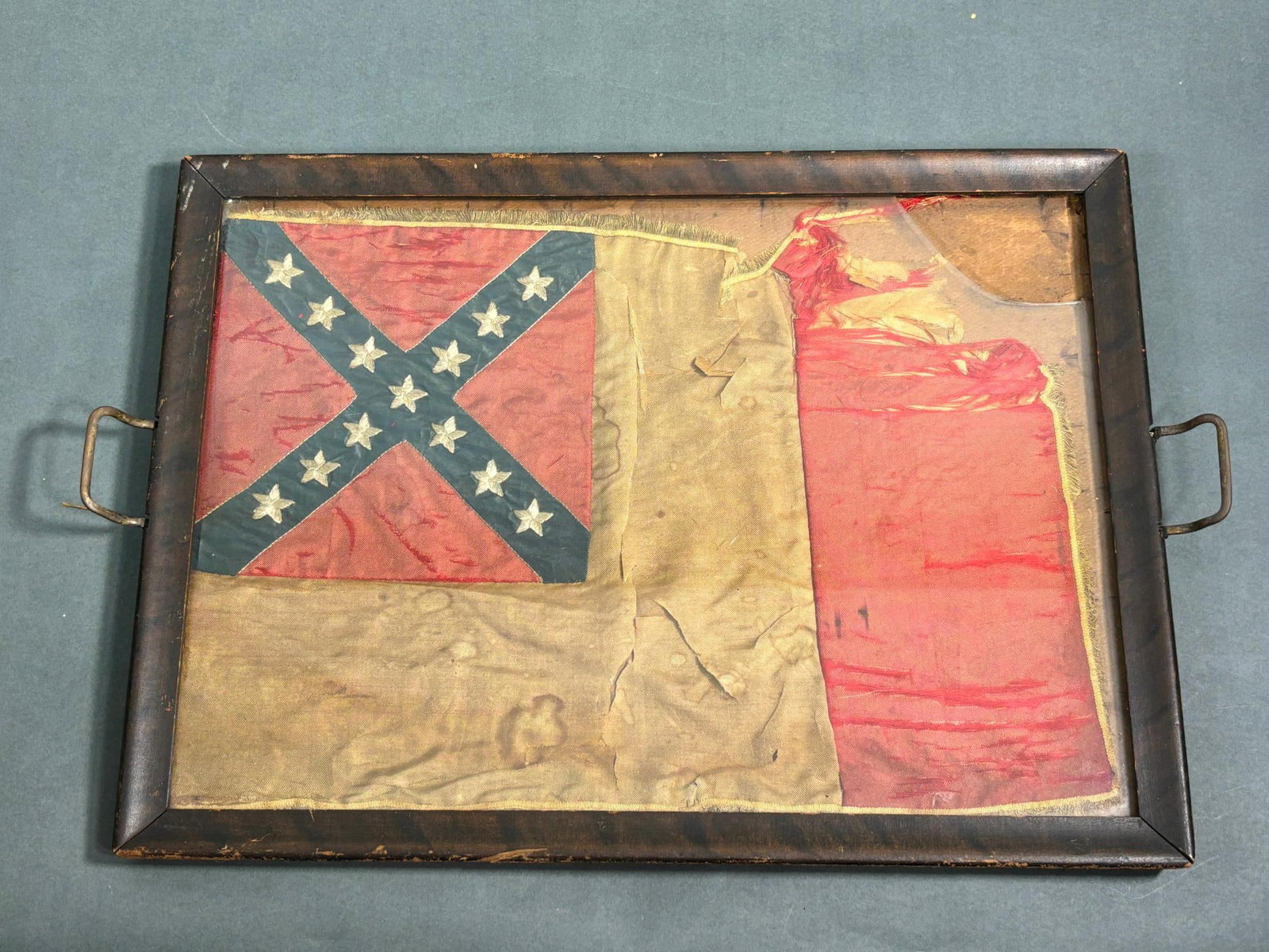 CIVIL WAR UCV REUNION 3RD PAT. CONFEDERATE FLAG: Early U.C.V. (United Confederate Veterans) third pattern Confederate national flag. Multi piece silk construction with fringed border and applied embroidered stars. Appears to be hand stitched. This f