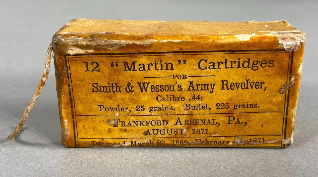 INDIAN WARS 1871 S&W CARTRIDGES FRANKFORT ARSENAL FULL PACK OF 12: Indian Wars box of 12 "Martin" .44 caliber cartridges for the Smith & Wesson Army revolver. Cartridges are still in the original unopened 1871 Frankfort Arsenal pack that is dated August, 1871. In-hou