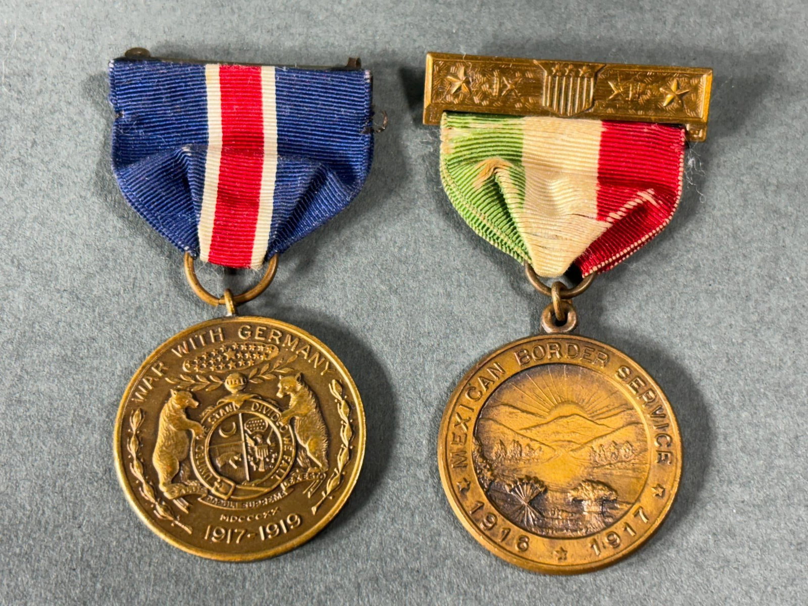 WWI MISSOURI SERVICE & OHIO MEXICAN BORDER MEDAL: World War One service medals including a Missouri WW1 Service medal and an Ohio Mexican Border Service medal. In-house shipping is available. Pickup is Monday, April 29th from 11 am to 3 pm in Carroll