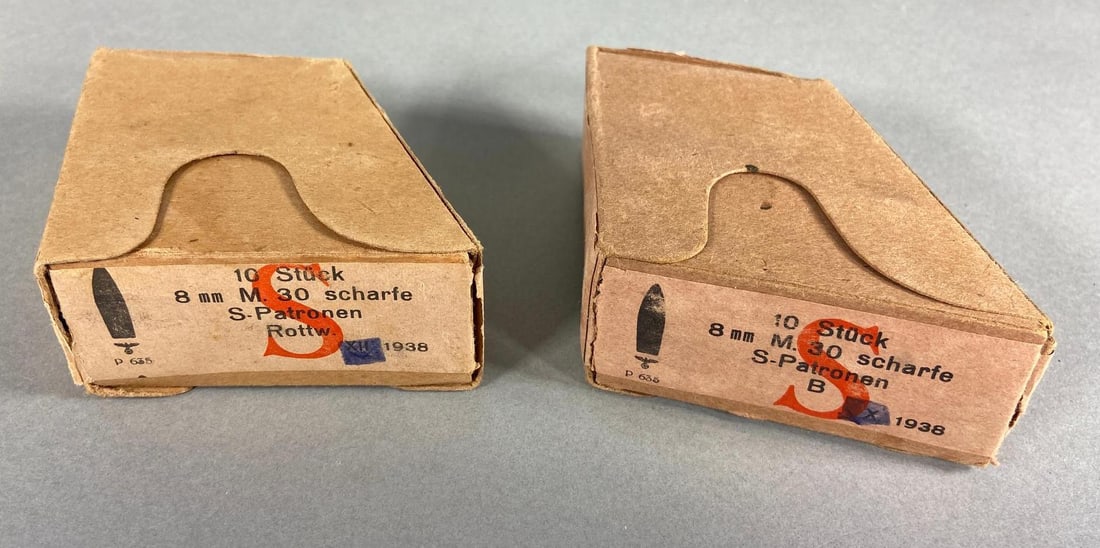 WWII NAZI GERMAN 8MM AMMUNITION 2 BOXES -1938: Two boxes of 8mm 1938 K98 ammunition. Each box contains 10 rounds - two 5 round clips. In-house shipping is available. Pickup is Monday, April 29th from 11 am to 3 pm in Carroll, Ohio 43112 or we will