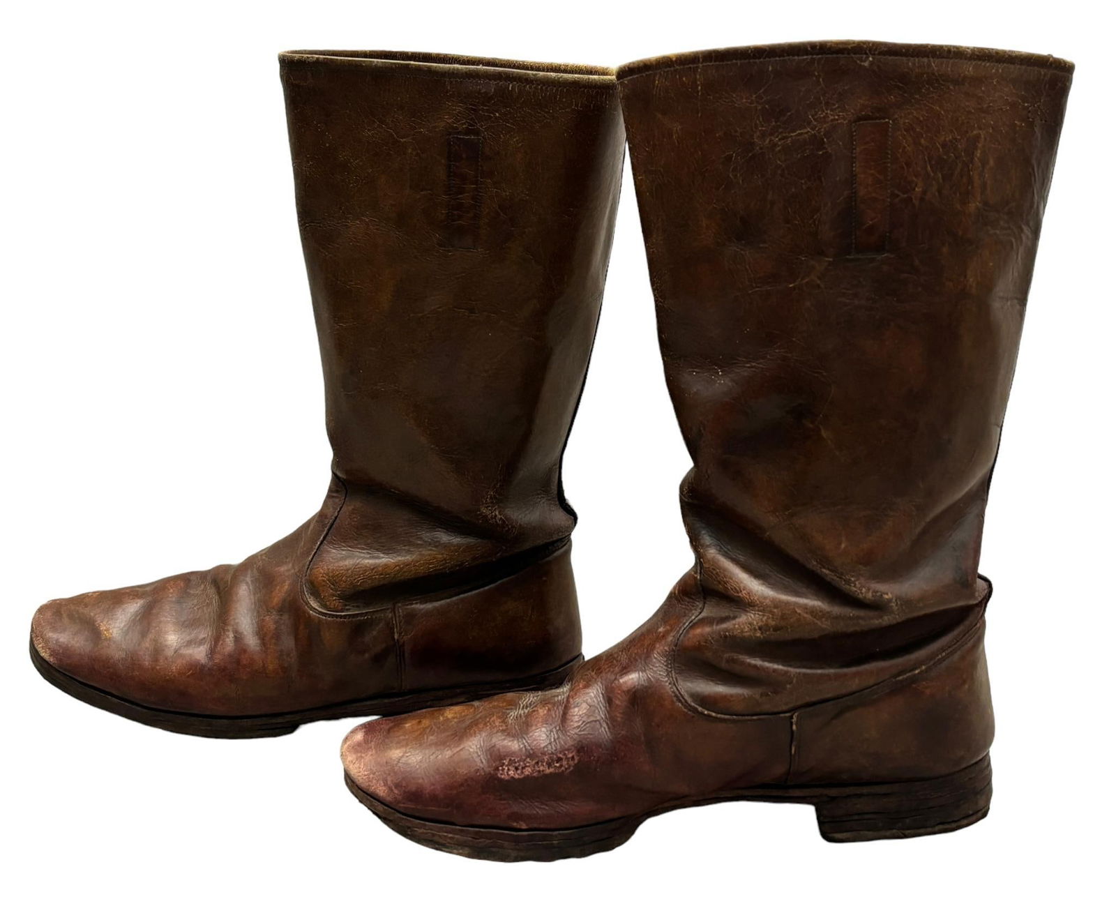 WWII IMP. JAPANESE ARMY SUMMER AIR SERVICE BOOTS: World War Two Japanese Army Air Service - Air Force pilot summer boots consisting of three piece brown leather construction with a canvas inner lining. The overall height is 12.5" including the 1" hee