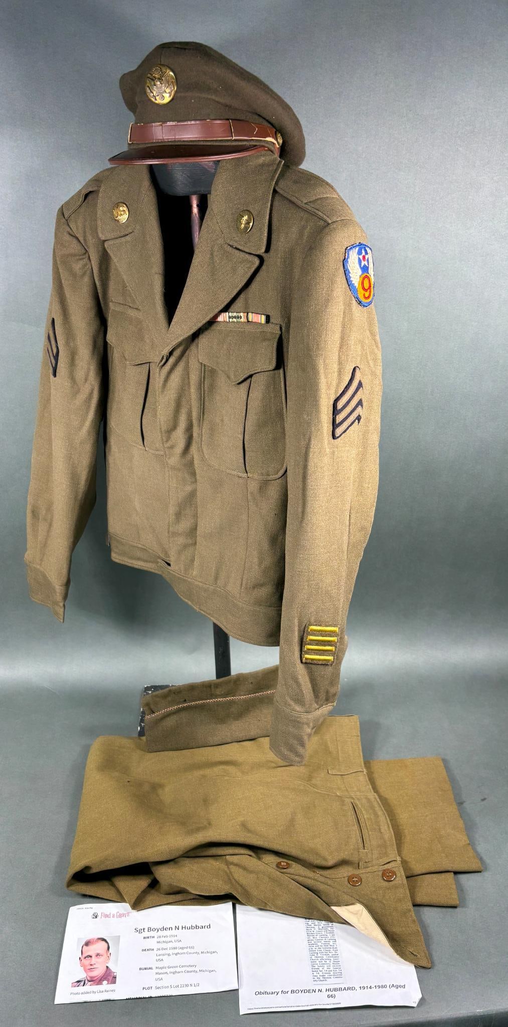 WWII U.S. AAF 9TH AIR FORCE IDENTIFIED UNIFORM: World War Two uniform grouping identified to Boyden N Hubbard of Lansing and Okemos, Michigan. Included in this grouping is Hubbard's excellent condition Ike jacket that is identified at the collar by