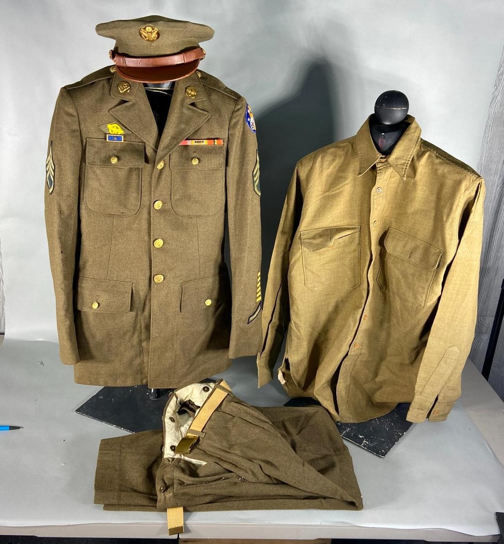 WWII 5TH US AAF UNIFORM PHILIPPINE LIBERATION BAR: World War Two 5th United States Army Air Force uniform consisting of a 1940 pattern jacket, trousers, EM visor cap with U.S. AIR CORPS and Air Corps insignia imprinted on top underside, OD shirt and n