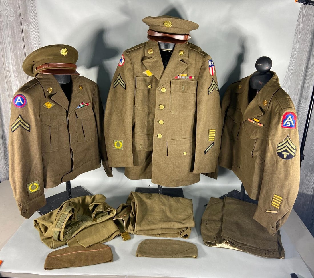 WWII U.S. ARMY UNIFORM LOT (3) CBI, 5th ARMY, ETO: World War Two U.S. Army lot consisting of 3 uniforms; 1) European Theater Patched Ike jacket named "Swanson" at collar, trousers, scarlet/white trimmed Engineers overseas cap; 2) CBI patched 1940 patt