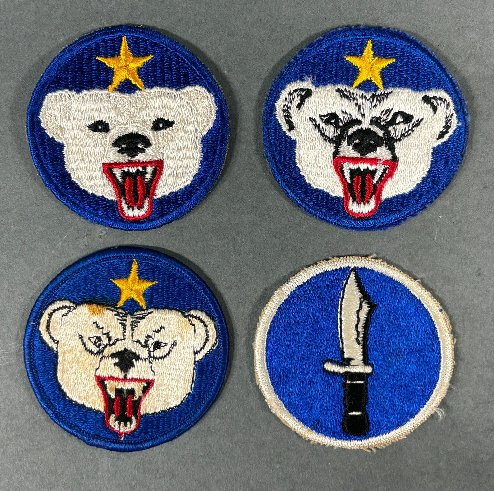 WWII U.S ALASKA ADC & KISKA TASK FORCE PATCH LOT: World War Two Alaska Defense Command and Kiska Task Force patch lot consisting of 3 variants of the ADC patch and a Kiska Task force patch. In-house shipping is available. Pickup is Monday, April 29th