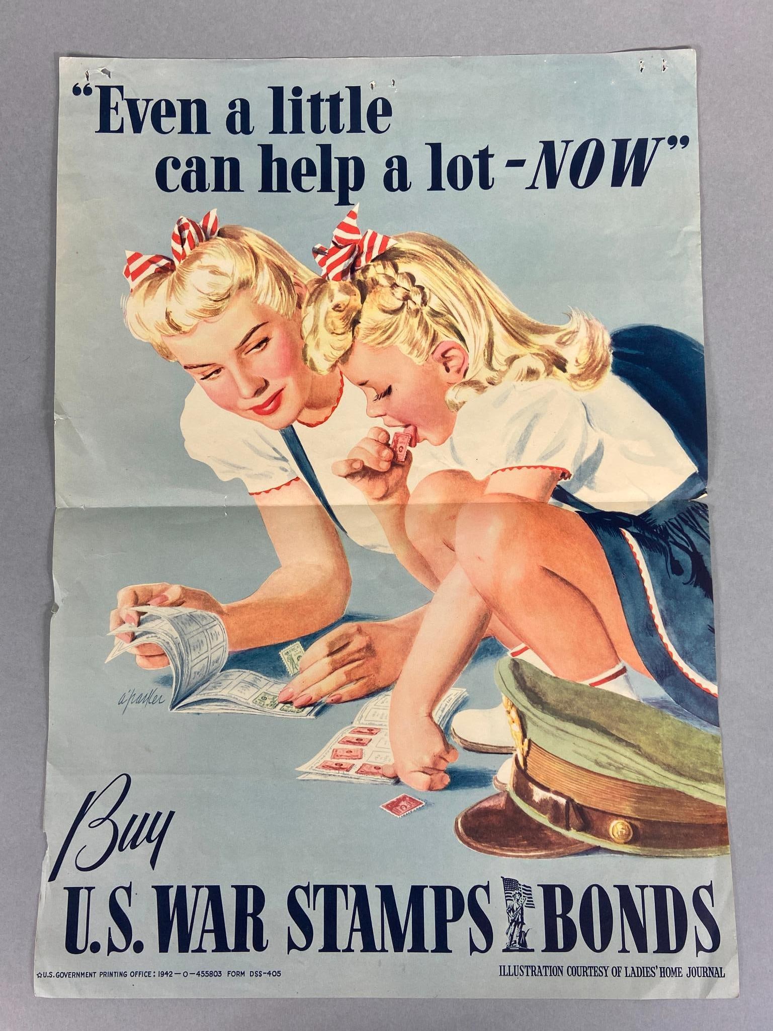 WWII 1944 5TH WAR LOAN POSTER "BACK THE ATTACK" - "BUY YOUR BONDS HERE": World War Two 1944 5th War Loans Bond Drive poster Featuring a Continental soldier standing above a "V for Victory" symbol. Printing information in the bottom right corner, "U.S. Government Printing o