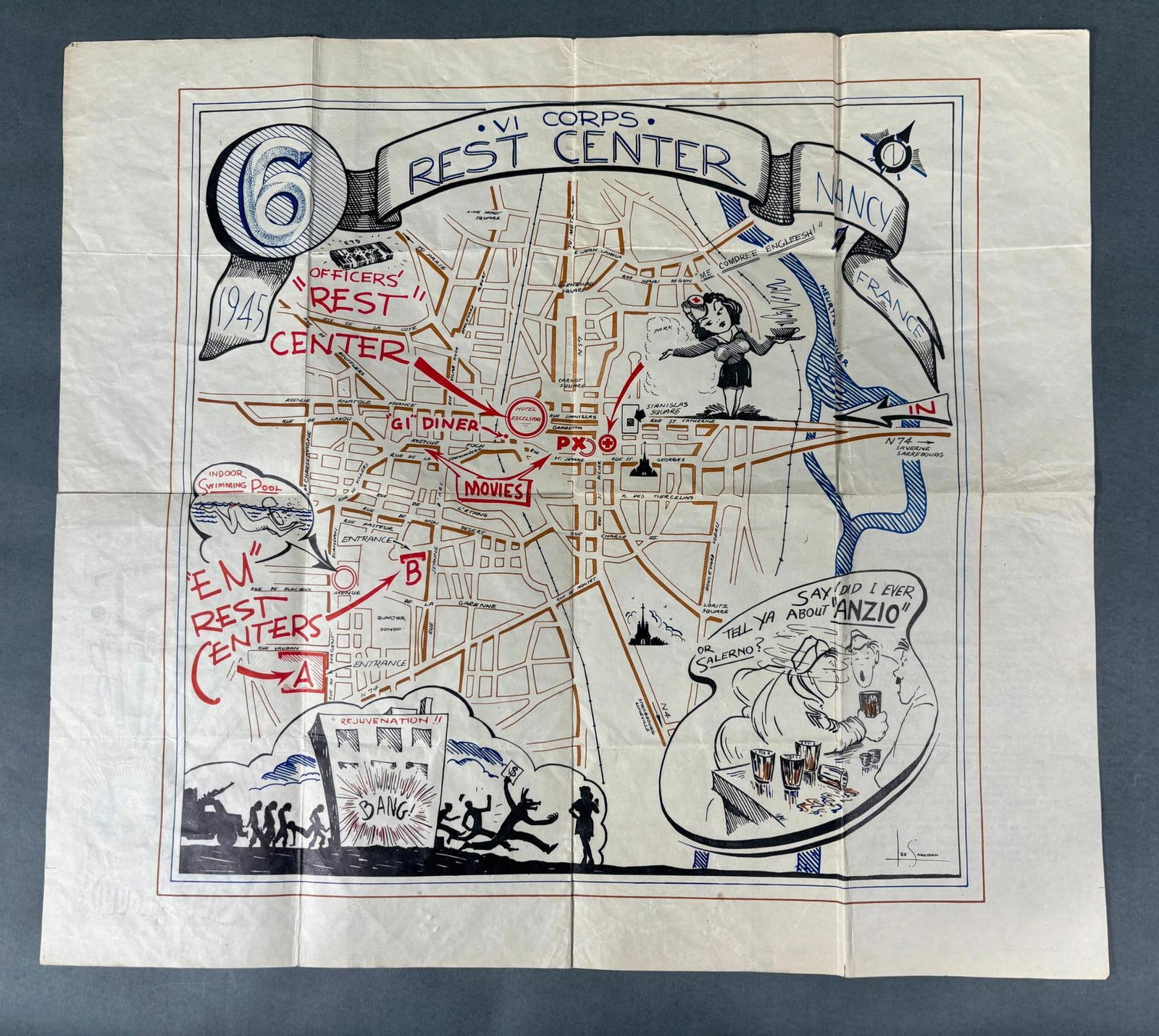WWII 6TH CORPS REST AREA MAP NANCY FRANCE: World War two 1946 map of the VI Corps rest area at Nancy, France. Humorous Illustrations. A printed section on the back lists entertainment and special services both at the center and in Nancy. Publi