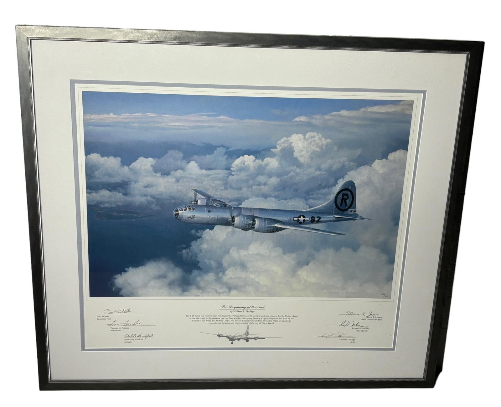 WWII ENOLA GAY PRINT SIGNED - PAUL TIBBETS & CREW: William S. Phillips iconic print "The Beginning of the End" autographed by the five Enola Gay crew members who were still alive at the time of the production of this print in 1998. The autographs incl