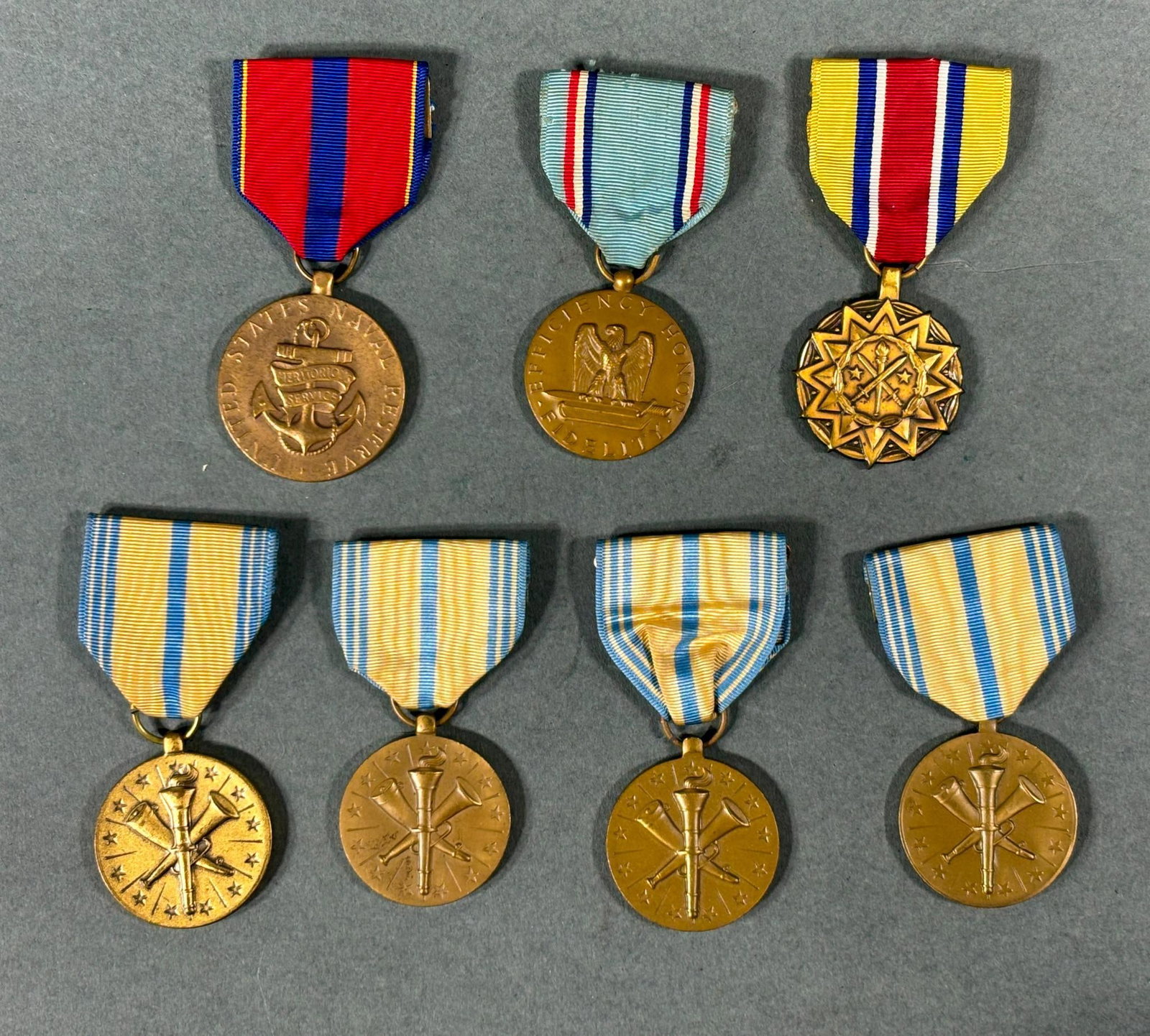 U. S. ARMED FORCES RESERVE & GOOD CONDUCT MEDALS: United States Armed Forces Reserve Service and Good Conduct medal lot. Included are Reserve service medals for The USMC Marine Corps, Air Force, Navy, Coast Guard, and National Guard as well as Good C