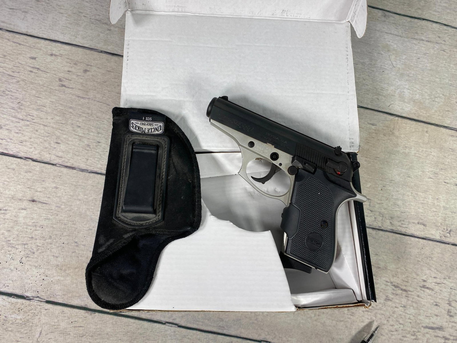 ** Bersa Thunder 380 Pistol in Box: BRAND: Bersa MODEL: Thunder 380 SERIAL: A89531 CALIBER/GAUGE: 380 ACP CONDITION: Action good, bore good. SIZE: 6.5" overall. Unless you have an FFL, we will have to ship to your FFL or you will have t