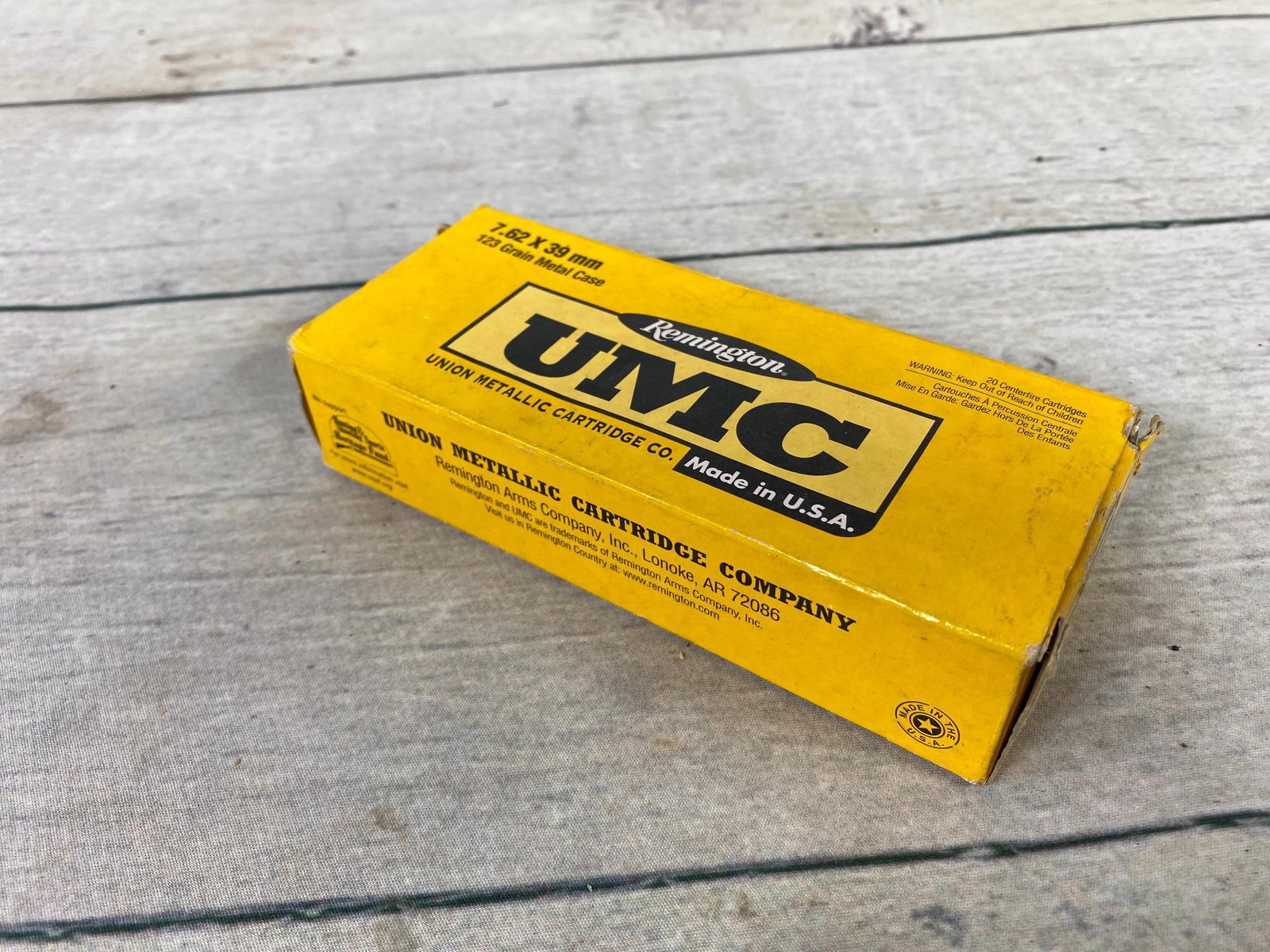Box of 7.62 x 39 mm ammunition Remington UMC 20 Rounds: In-house shipping is available. Pickup is Tuesday, June 4th from 1 pm to 7 pm and Wednesday, June 5 from 11 am to 3 pm at our offices in Carroll, OH 43112 or we will provide in-house shipping for this