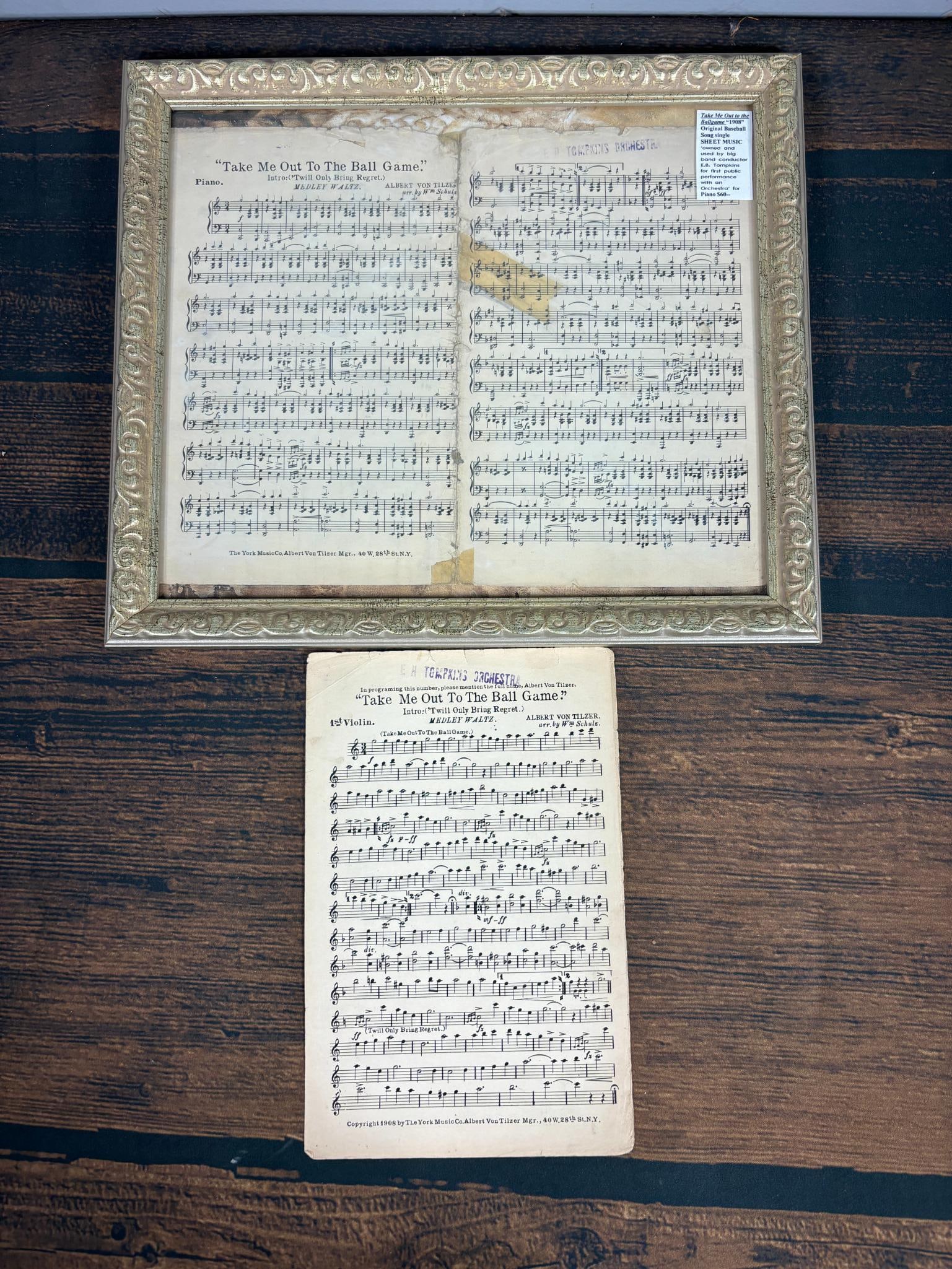Rare Baseball Sheet Music 1908 Take Me Out to the Ball Game: One copy for piano, on for first violin. These sheet music pieces were owned by Conductor E.H. Tompkins. One of the two pieces is copyright dated 1908. Framed size is 15.75" x 13.75" and the loose she