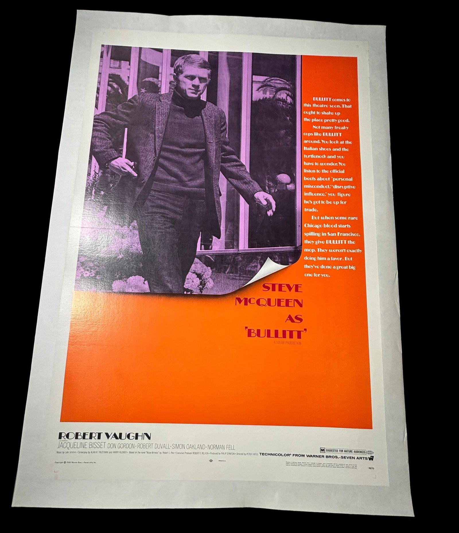 Vintage Bullitt Movie Poster 1968 Steve McQueen: Excellent Condition Professionally Mounted on Canvas Backing. In-house shipping is available. Pickup is Tuesday, June 4th from 1 pm to 7 pm and Wednesday, June 5 from 11 am to 3 pm at our offices in C