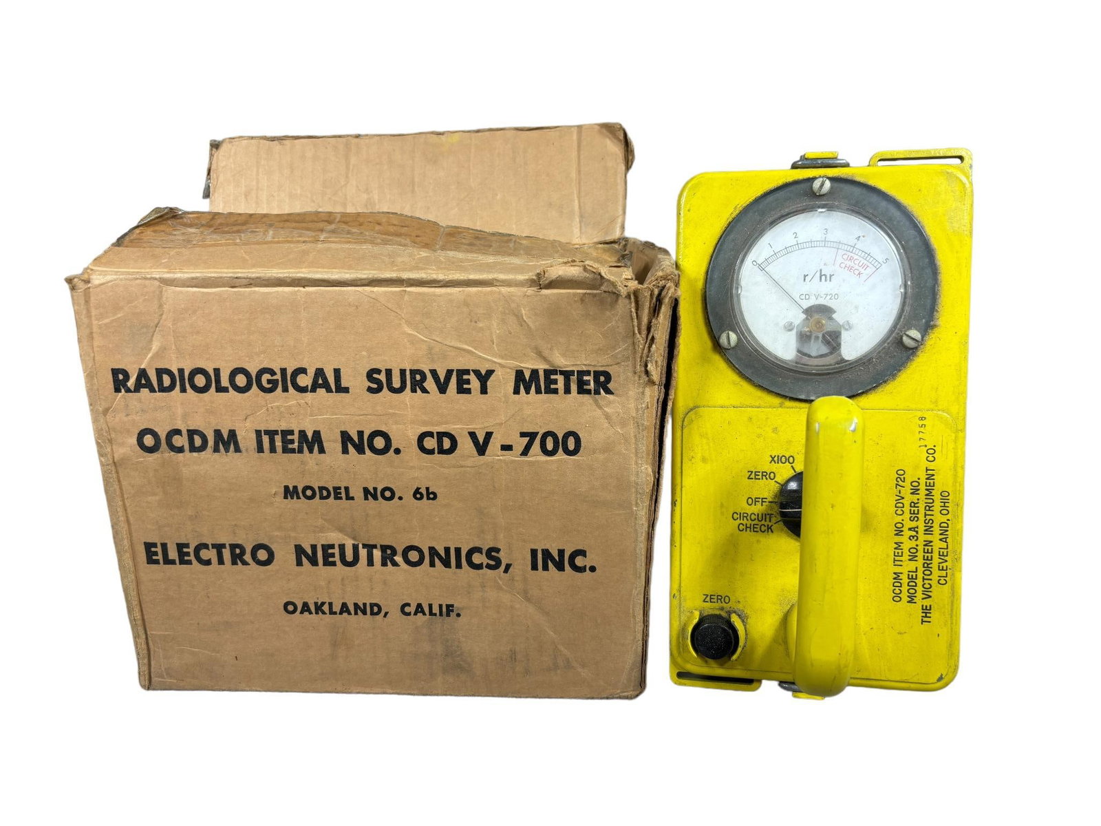 Vintage Radiological Survey Monitor (Geiger Counter) With Original Box: In-house shipping is available. Pickup is Tuesday, June 4th from 1 pm to 7 pm and Wednesday, June 5 from 11 am to 3 pm at our offices in Carroll, OH 43112 or we will provide in-house shipping for this