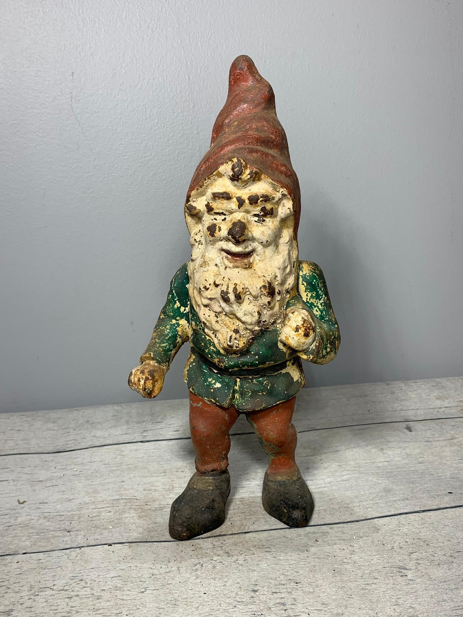 Antique Cast Iron Garden Gnome Doorstop Maybe Hubley Unsigned: Nice chippy paint look. Consignor has owned for 60 years. In-house shipping is available. Pickup is Tuesday, June 4th from 1 pm to 7 pm and Wednesday, June 5 from 11 am to 3 pm at our offices in Carro
