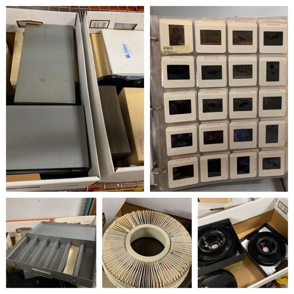 Huge Lot of 35mm Slides, Projector, Cases, Turnstiles: Two Large Banker Boxes Full. In-house shipping is available. Pickup is Tuesday, June 4th from 1 pm to 7 pm and Wednesday, June 5 from 11 am to 3 pm at our offices in Carroll, OH 43112 or we will provi