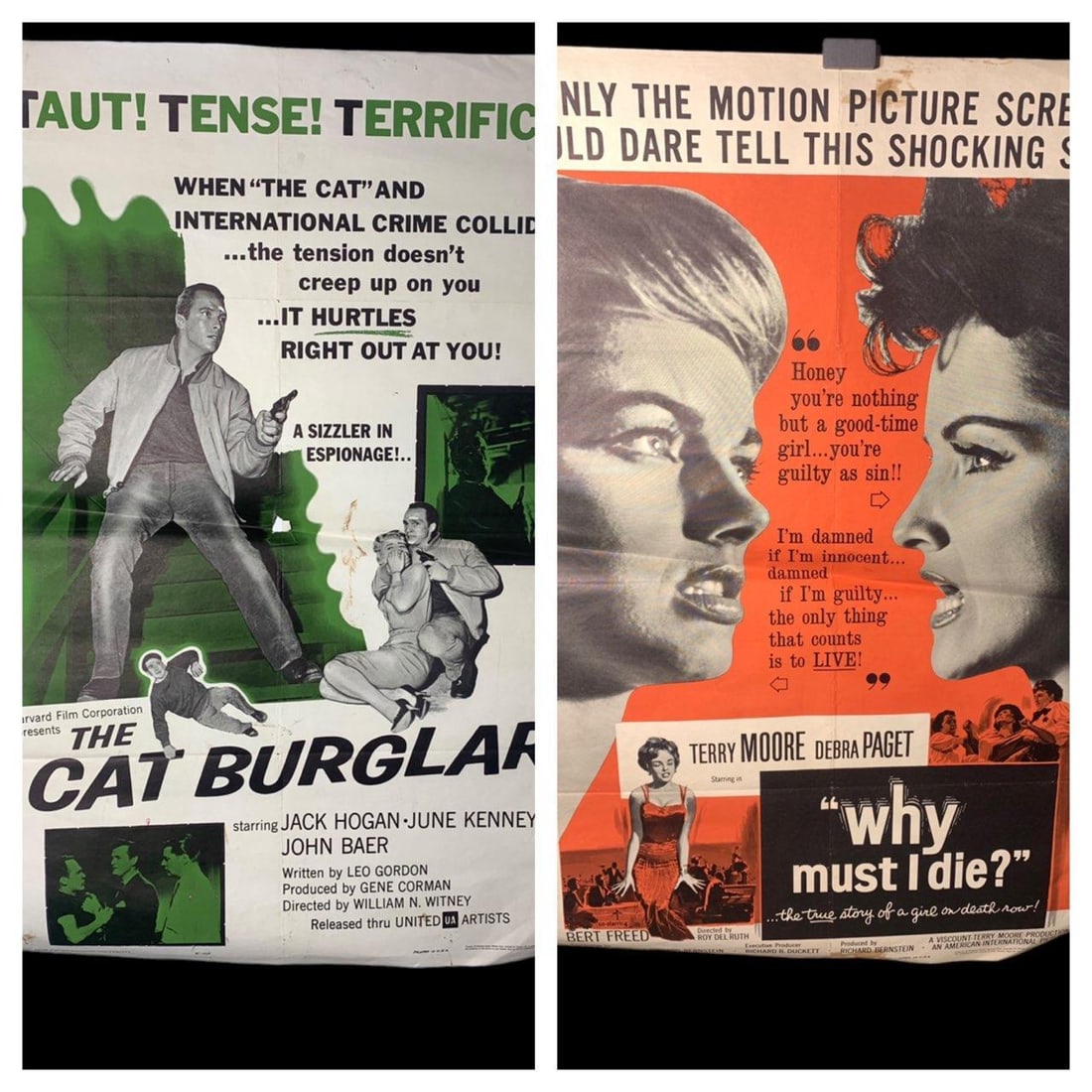 Two Vintage Movie Posters - The Cat Burglar and Why Must I Die: Both Posters Measure - 27" Wide x 41" Tall. In-house shipping is available. Pickup is Tuesday, June 4th from 1 pm to 7 pm and Wednesday, June 5 from 11 am to 3 pm at our offices in Carroll, OH 43112 o