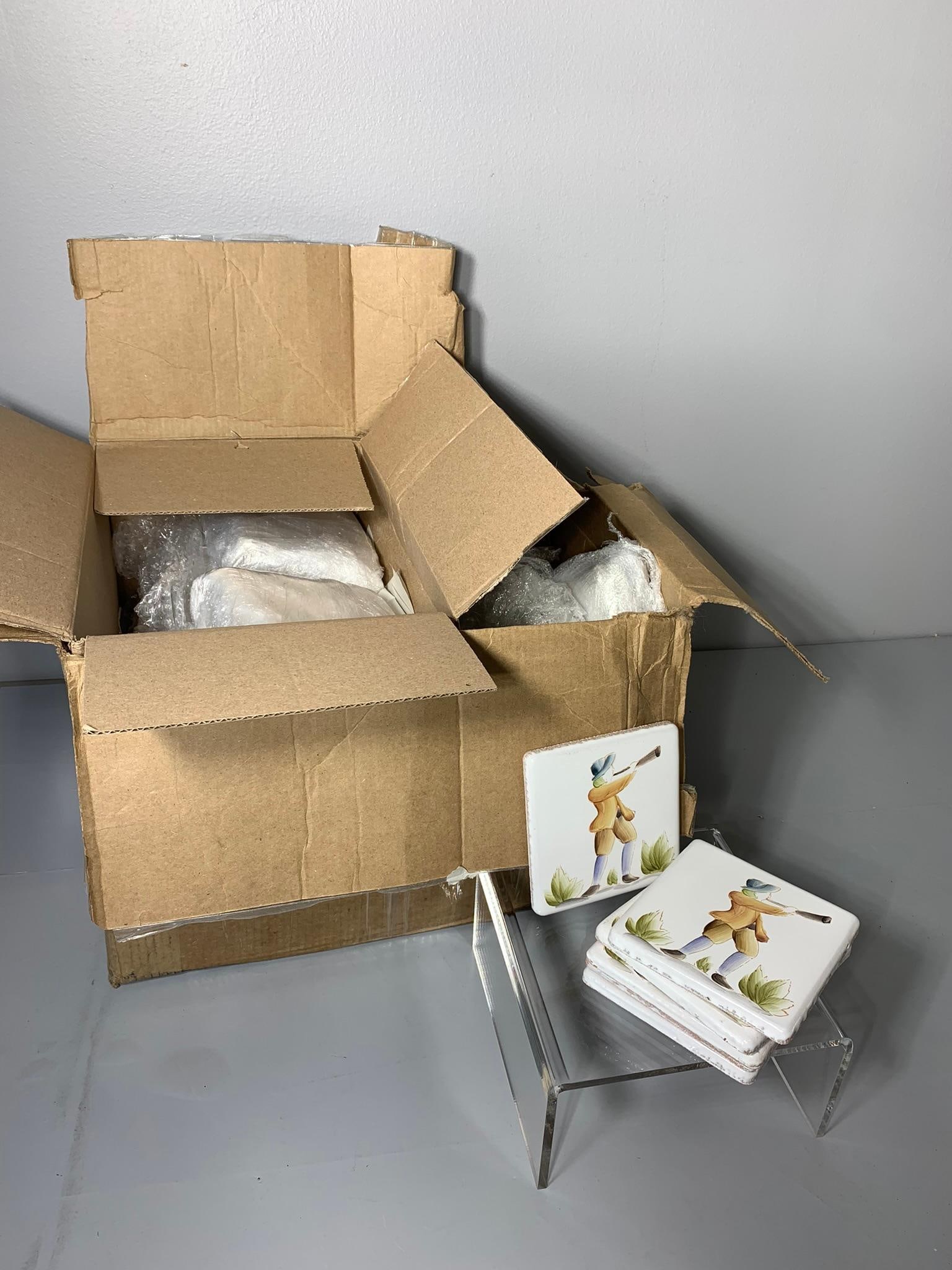 Box Full of Ceramic European Wall Tiles: In-house shipping is available. Pickup is Tuesday, June 4th from 1 pm to 7 pm and Wednesday, June 5 from 11 am to 3 pm at our offices in Carroll, OH 43112 or we will provide in-house shipping for this