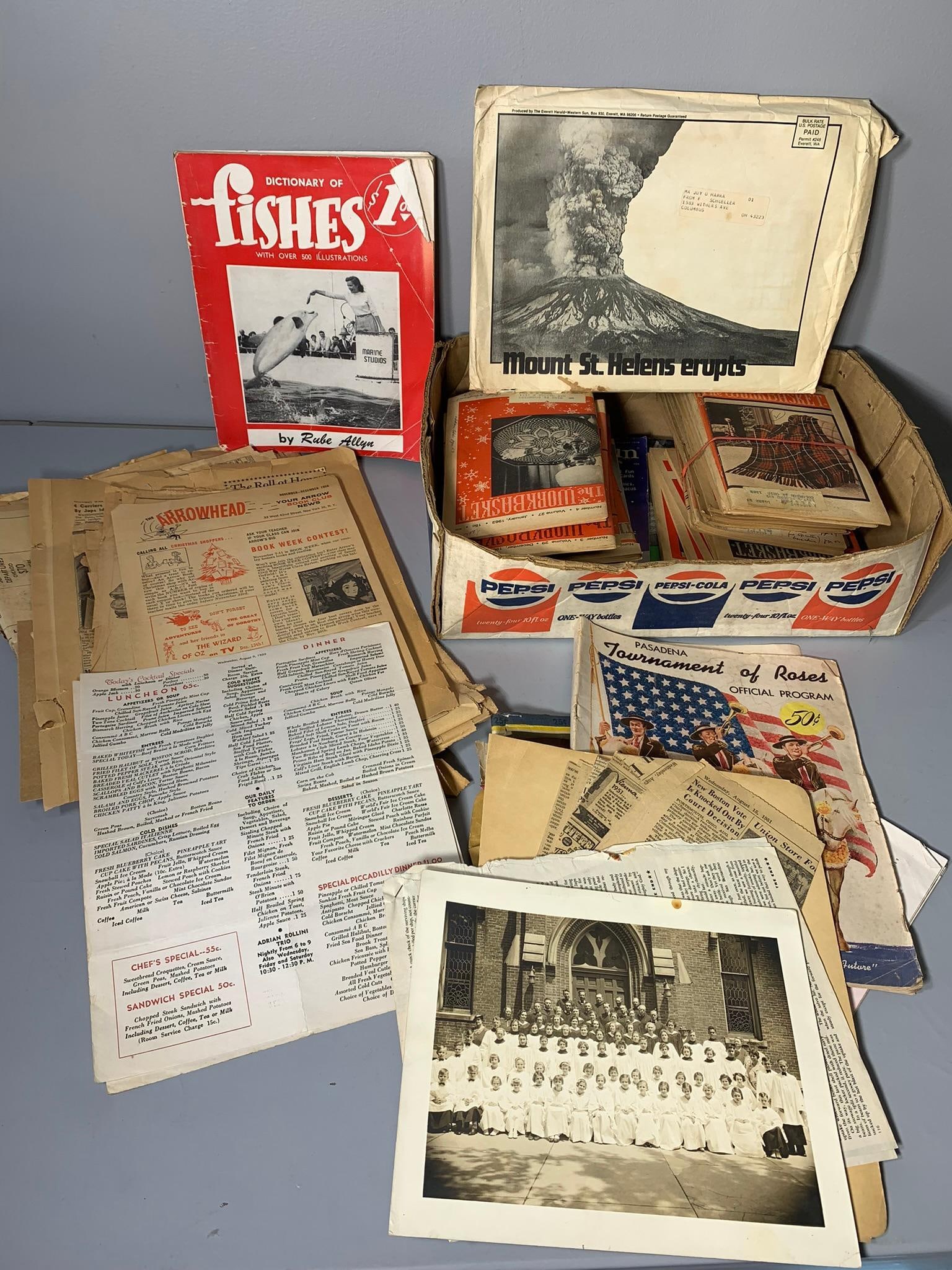 Large Lot Vintage Ephemera: Mt. St. Helens, Tournament of Roses Parade, The Workbasket & More: In-house shipping is available. Pickup is Tuesday, June 4th from 1 pm to 7 pm and Wednesday, June 5 from 11 am to 3 pm at our offices in Carroll, OH 43112 or we will provide in-house shipping for this