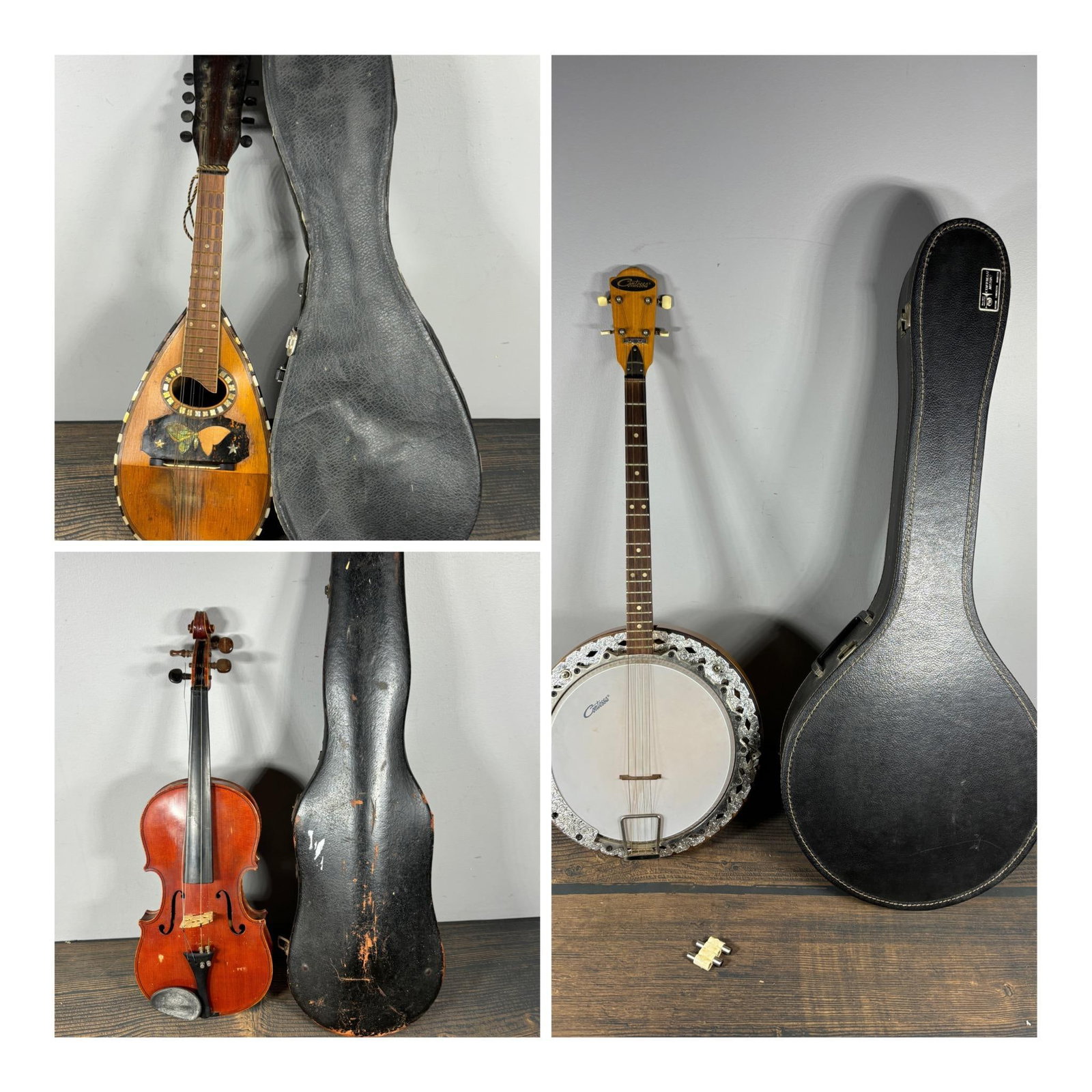 Vintage Contessa Banjo, Vintage Mandolin, and an Antique Violin All With Cases: Violin has Label Inside reading "Antonius Stradivarius Cremonensis Faciebat Anno 17". In-house shipping is available. Pickup is Friday, August 9th from 11 am to 7 pm at our offices in Carroll, OH 4311