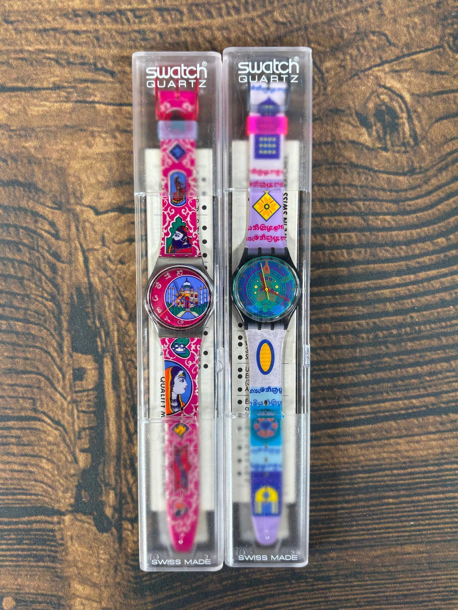 Pair of Vintage 1992 Swatch Watches; Sari and Taj Mahal India: New in Package Never Worn. In-house shipping is available. Pickup is Friday, August 9th from 11 am to 7 pm at our offices in Carroll, OH 43112 or we will provide in-house shipping for this item. Once
