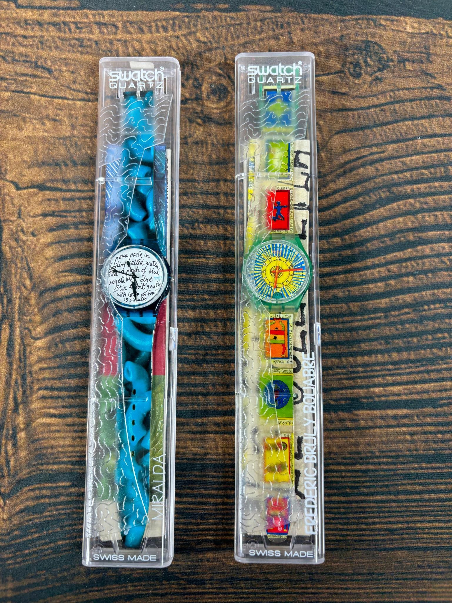 Pair of Vintage Swatch Watches; Blue Paste and Cheik Nardo: In original packaging. Never worn. In-house shipping is available. Pickup is Friday, August 9th from 11 am to 7 pm at our offices in Carroll, OH 43112 or we will provide in-house shipping for this ite