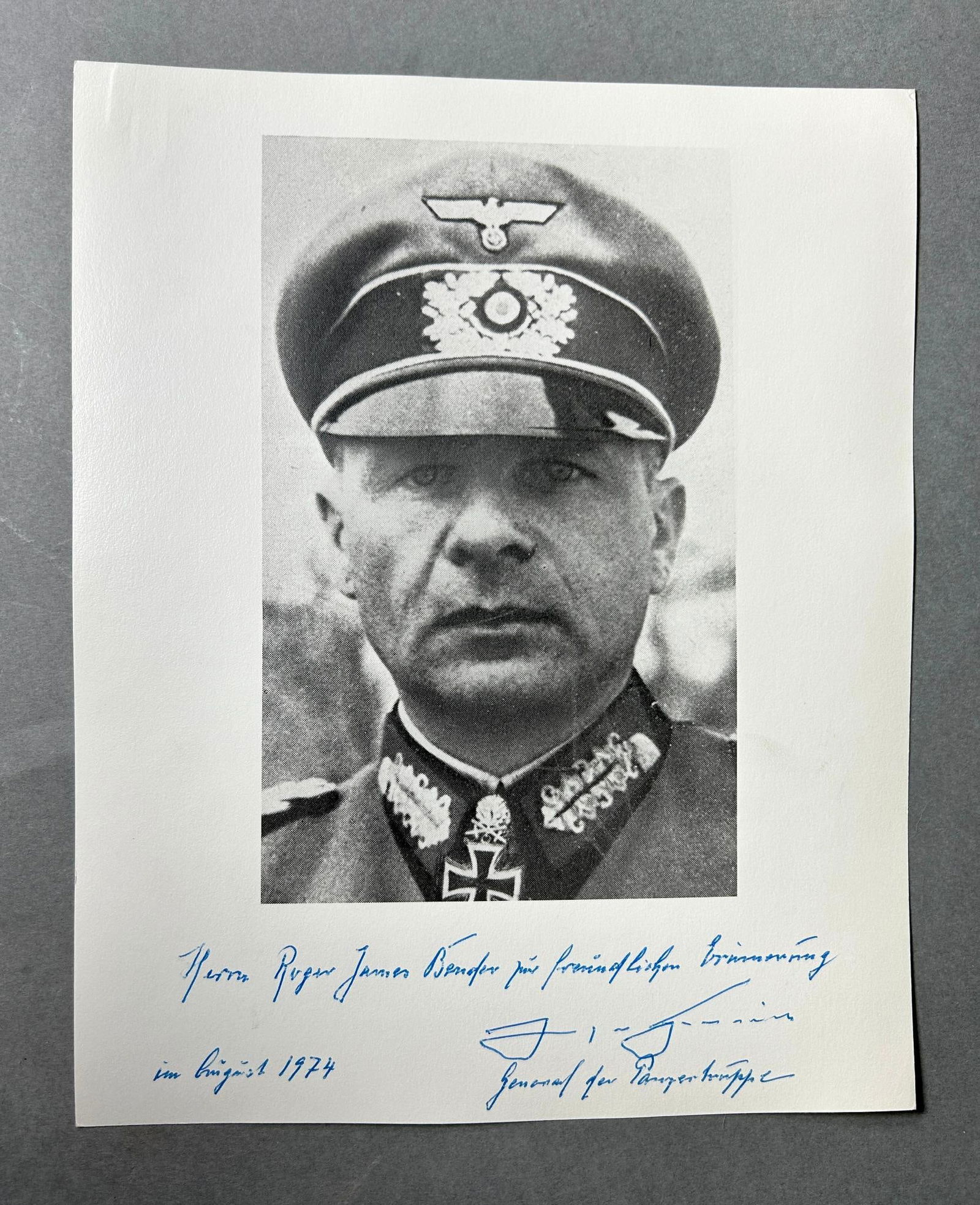WWII Knight's Cross Recipient General Gerhard Graf von Schwerin Autographed Photo - Panzer Commander: 1974 inscribed and autographed photo of Nazi German General Gerhard Graf von Schwerin. Photo measures is signed in blue ink. He was a career military officer who served and was wounded in WWI. During
