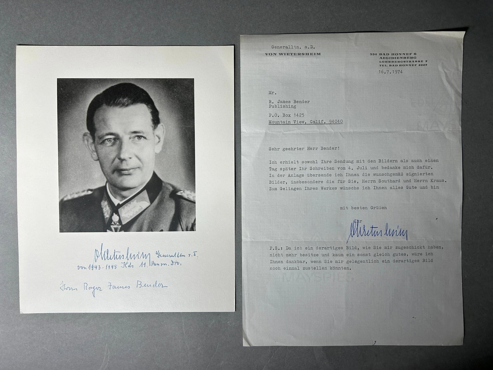 WWII Knight's Cross Recipient Wend Von Wietersheim Autographed Photo & Letter: 1974 Nazi German Panzer General Wend von Wietersheim autographed photograph and typed letter sent to noted military historian and publisher, Roger James Bender. The letter/photo were part of Bender's 