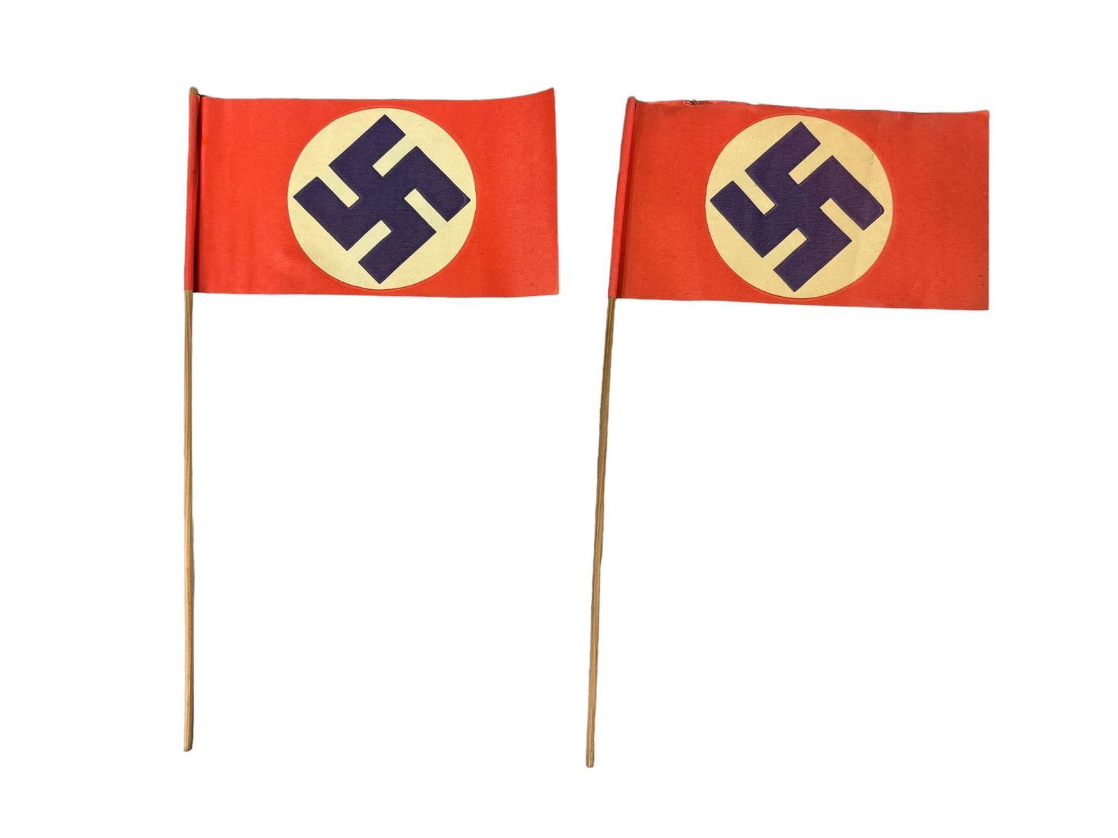 WWII Nazi German Paper Parade - Rally Flags: World War Two Nazi German NSDAP paper parade flags on the original sticks. Colors are still vibrant and there are no holes or tears. Each flag measures 9.125" x 4.75" and is affixed to a 15.25" stick