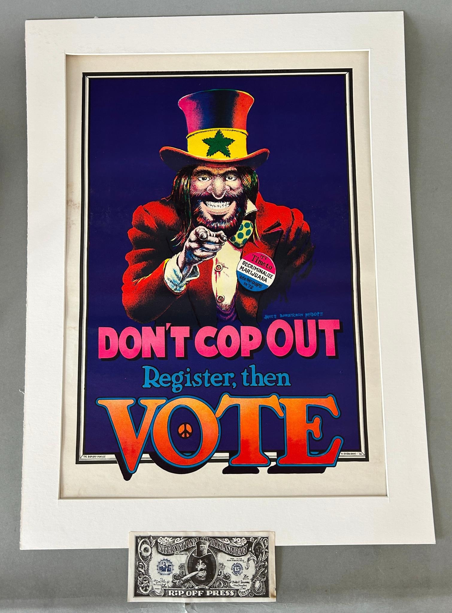1972 Rip-Off Press “McDope?? Register to Vote Poster and Promotional Currency Note.: WWII United States Leaflet dropped in the Philippines during the 1944 Liberation In-house shipping is available. Pickup is Friday, August 9th from 11 am to 7 pm at our offices in Carroll, OH 43112 or 