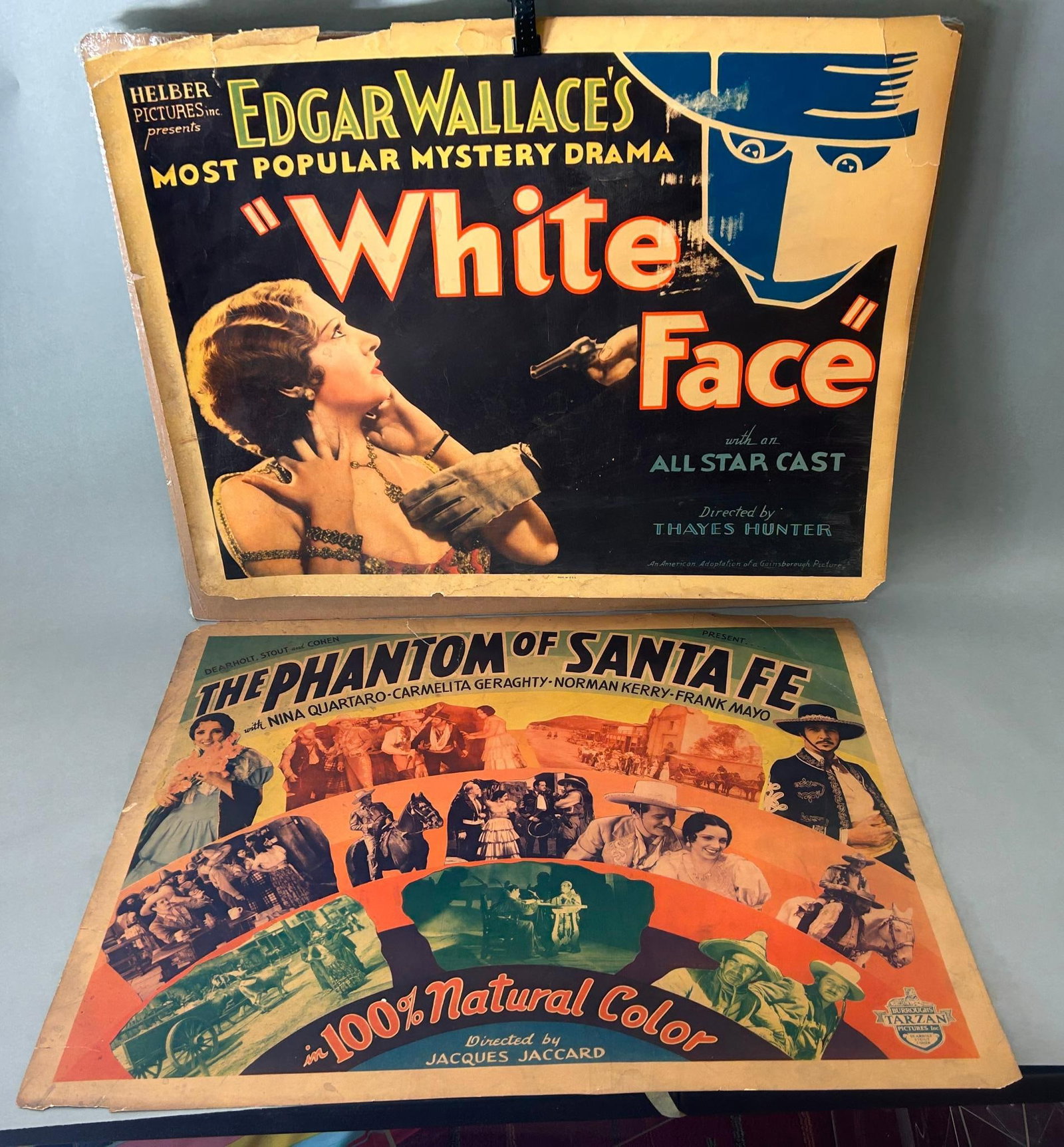 1930s Movie Poster Lot - "White Face" & "Phantom of Sante Fe: Half sheet movie poster 22 x28, from the British movie White Face, based on a play by Edgar Wallace. An American adaptation of a Gainsborough Picture. Poster imprint reads, "printed in USA". White Fac