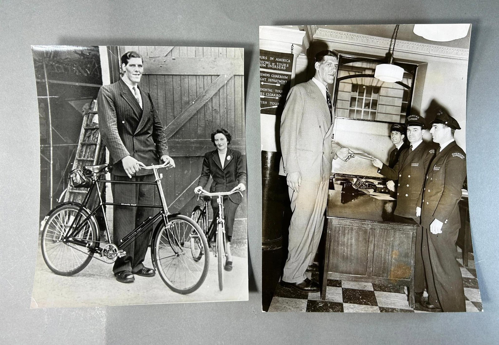 Ted Evans "Tallest Man Alive" original press photograph lot: Two original press photographs of Ted Evans, billed as the "Tallest Man Alive". Although advertised as being 9' 3", he actually stood 7' 8.5". The first photograph is a 1950 Metro Group Editorial New 
