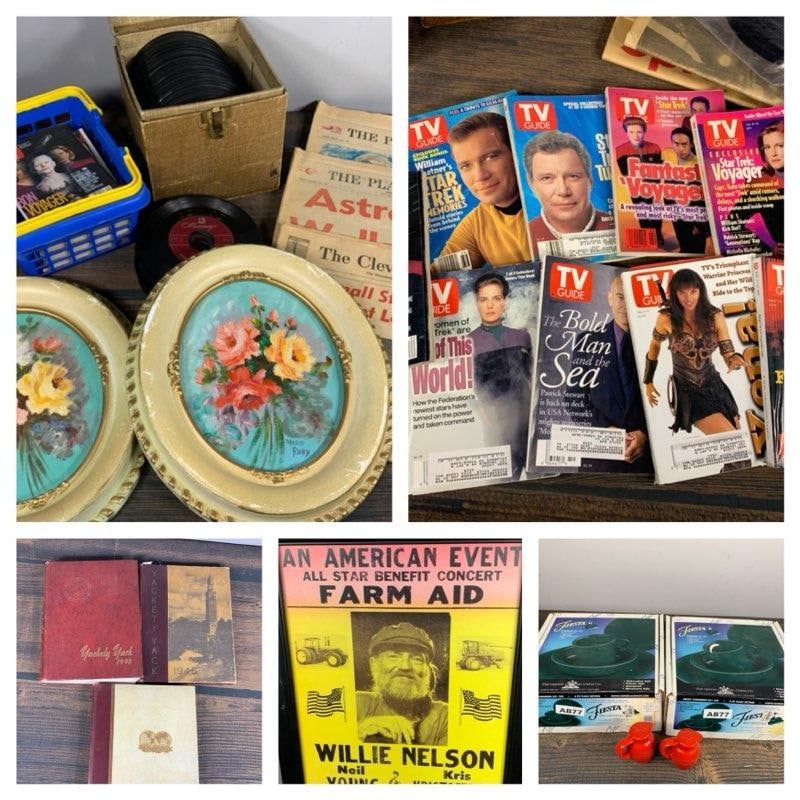 Group Lot of Vintage Farm Aid Poster, News[a[res, TV Guides, 45 Records, Books and Fiesta S&P: In-house shipping is available. Pickup is Friday, August 9th from 11 am to 7 pm at our offices in Carroll, OH 43112 or we will provide in-house shipping for this item. Once packed up we will send you