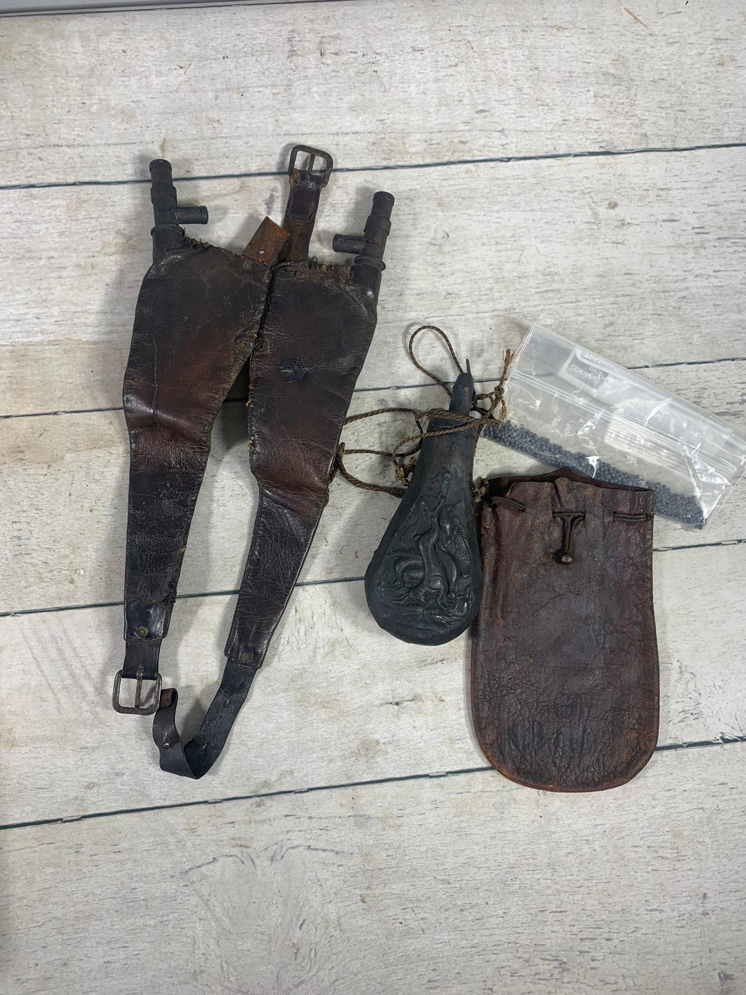 Antique Powder Horn, Leather Shot Holder and Pommel Holster: In-house shipping is available. Pickup is Friday, August 9th from 11 am to 7 pm at our offices in Carroll, OH 43112 or we will provide in-house shipping for this item. Once packed up we will send you 