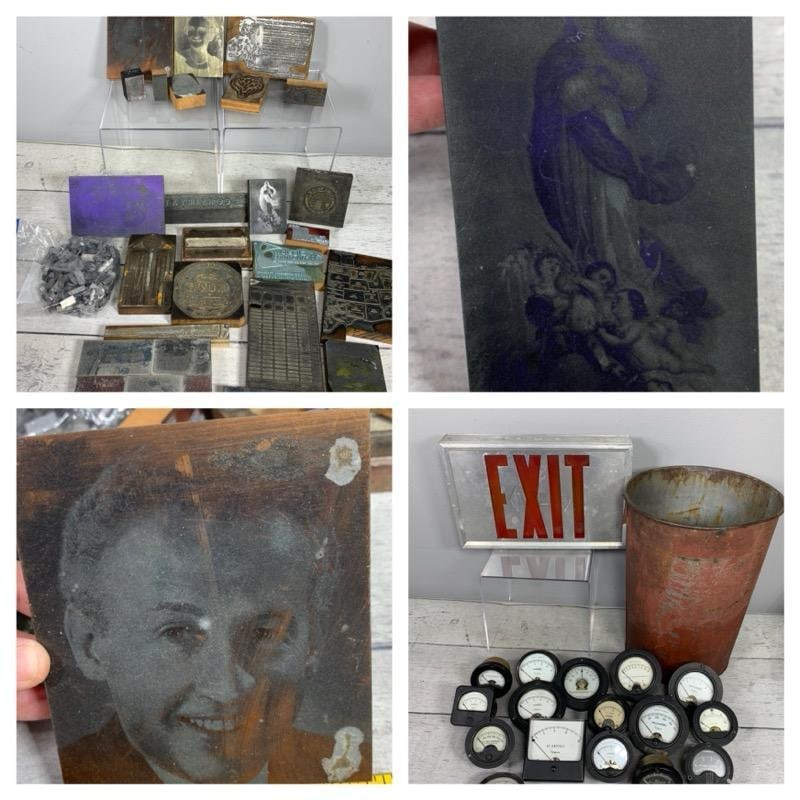 Vintage Printing Blocks, Sap Bucket, Vintage Gauges and an Exit Sign: In-house shipping is available. Pickup is Friday, August 9th from 11 am to 7 pm at our offices in Carroll, OH 43112 or we will provide in-house shipping for this item. Once packed up we will send you 
