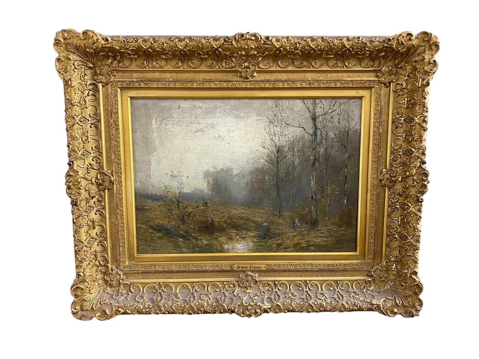 Late Fall Forrest, Oil on Canvas, Bruce Crane (1857-1937): Late Fall Forrest, Oil on Canvas, Bruce Crane (1857-1937). Framed size: 29.5" x 23.5". Sight size: 19.75" x 13.5". Part two of a single-owner Lancaster, Ohio collection. We sold the first part of this