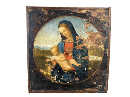 17th century oil on wood panel Madonna & Child Style of Raphael: 17th century oil on wood panel Madonna & Child Style of Raphael. Chipping as seen. 8" x 8 3/8". Part two of a single-owner Lancaster, Ohio collection. We sold the first part of this collection last Ju