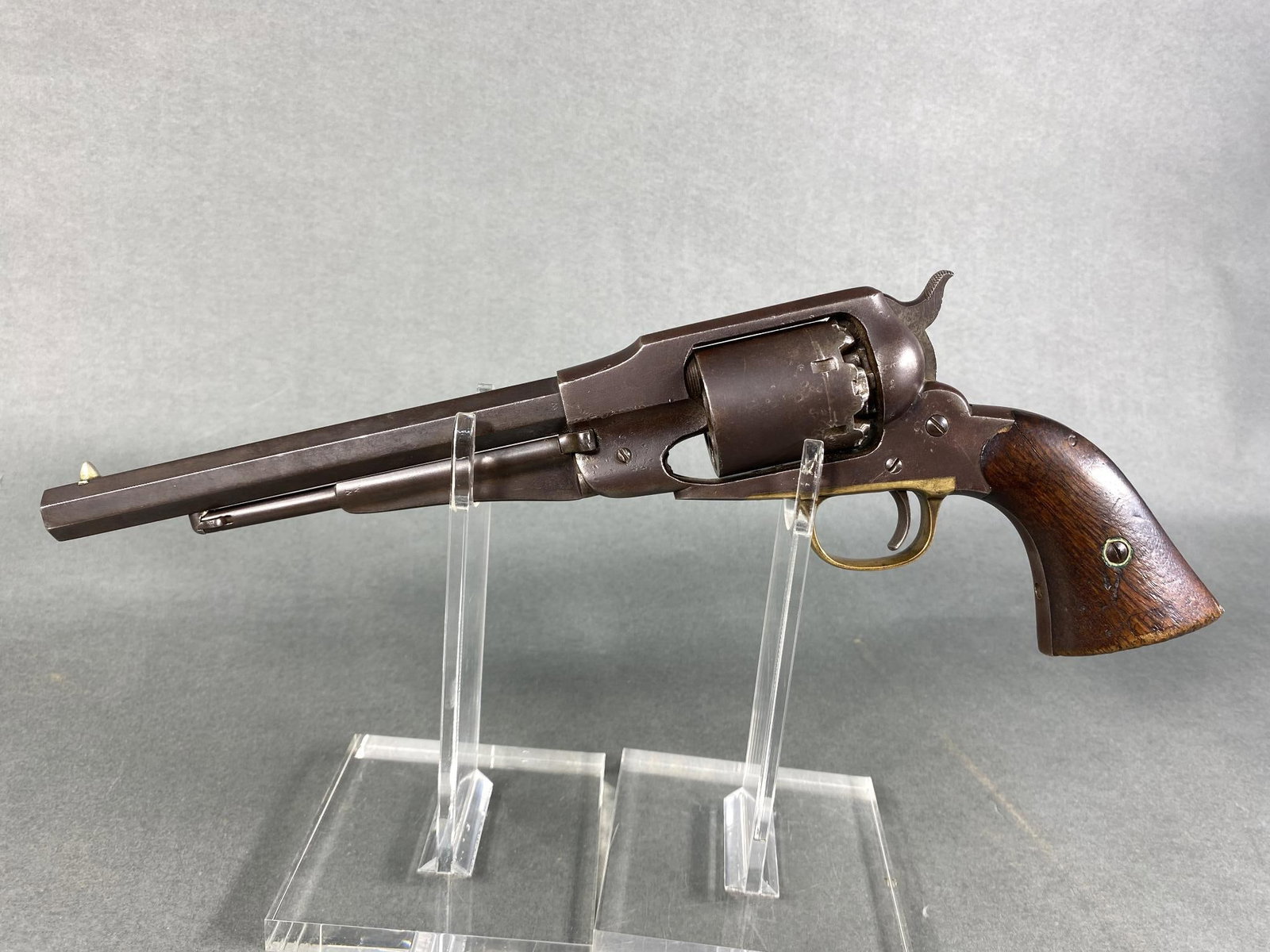 Remington New Model Army 1858 Revolver w/ Giles Porter Stamp NOFFL: MFG/IMPORTER: Remington MODEL: 1858 Army SERIAL: 51236 (both under the barrel and on the frame under the grip) CALIBER/GAUGE: 44 CONDITION: Action good, bore good SIZE: 8" NOTES: Grips bear the accept