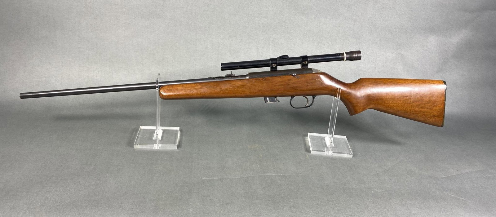 ## Ithaca Gun Co. Model X-15 Rifle 22LR Rare w/Scope: MFG/IMPORTER: Ithaca Gun Co. Inc. MODEL: X-15 Rifle SERIAL: 30686-B CALIBER/GAUGE: 22LR CONDITION: Action good, bore good. SIZE: 22" In house shipping available. This firearm is 50 years old or older