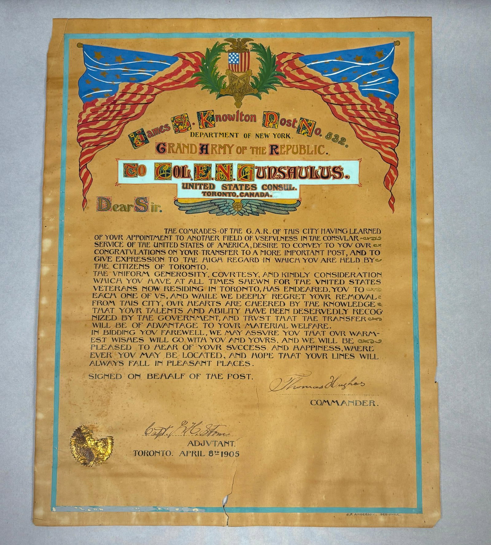 Civil War G.A.R. Post 532 - Toronto Ontario Canada Large Hand Painted Document: Beautifully hand painted certificate of appreciation presented by the James S Knowlton Post 532 located in Toronto, Ontario Canada to Colonel E. N. Gunsaulus. The Colonel, who worked for the U.S. Cons