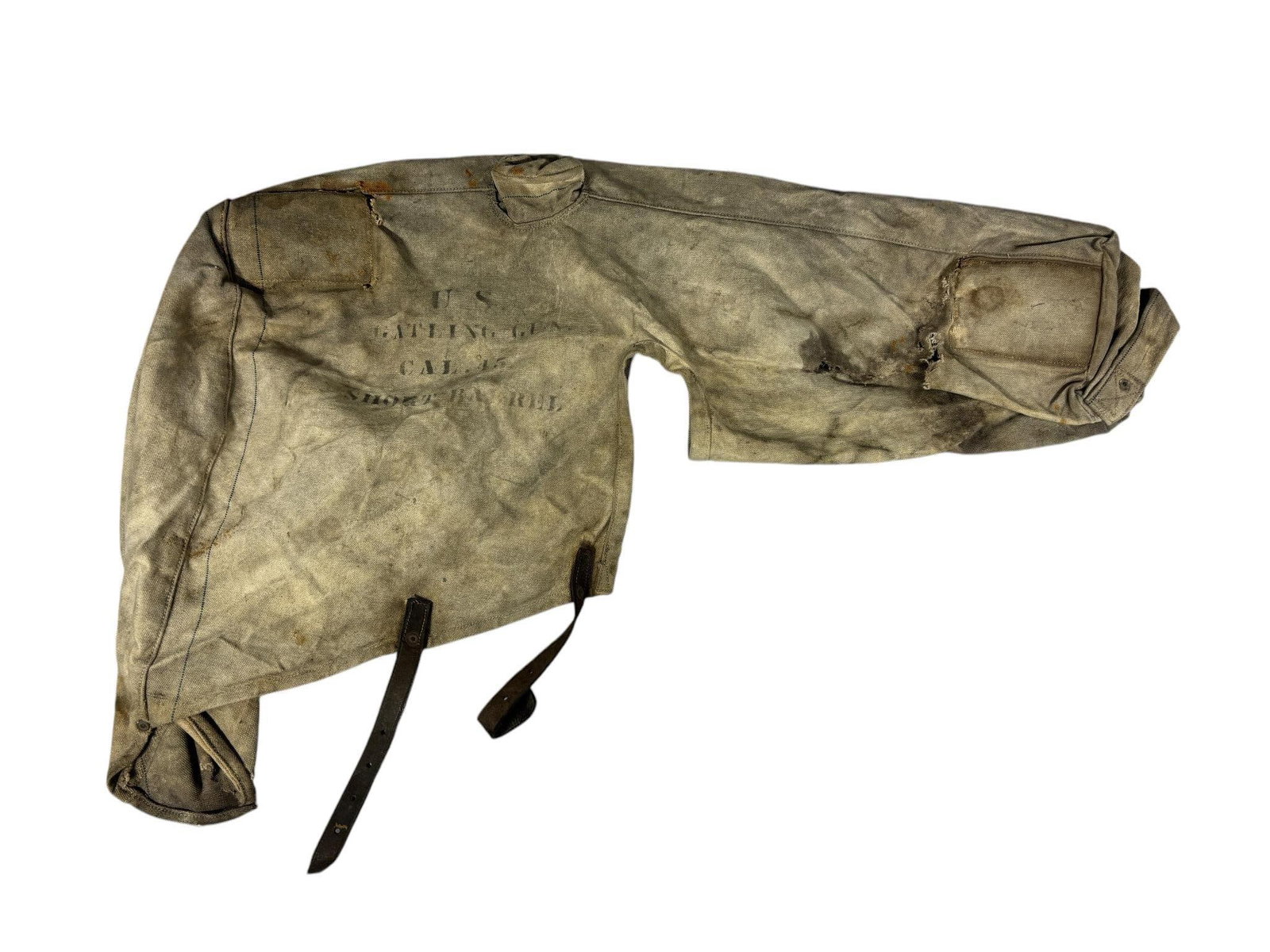 Indian Wars Gatling Gun U.S. Canvas Cover For The Short Barrel Model: Indian Wars era Gatling gun canvas cover. Stenciled U.S. / GATLING GUN / 45 CAL / SHORT BARREL. The 45 cal (45-70) designation on the cover makes this a pre 1893 model gun as the 1893 model was .30 ca